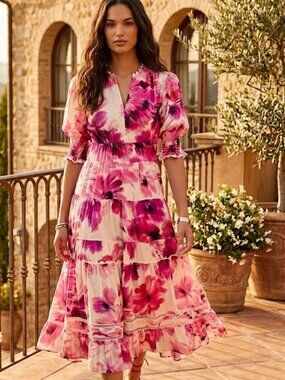 Johnny Was White Maxi Dress with Pink Floral Print Size XL